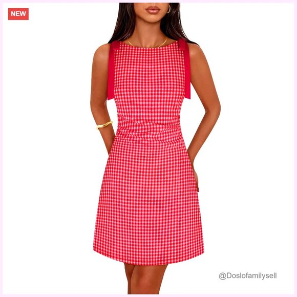 Dresses & Skirts - Summer Mini Dress Gingham Ruched Waist Sleeveless Boat Neck Cocktail